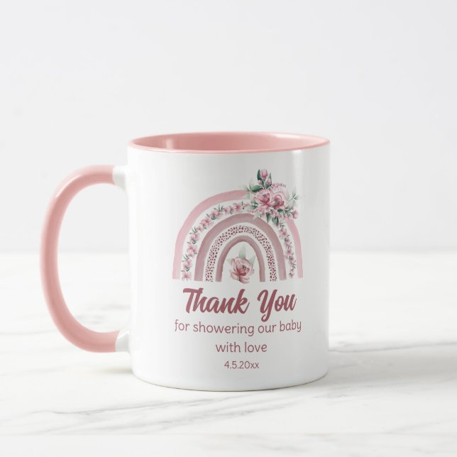 thank you boho pink rainbow botanical baby shower  mug (Left)