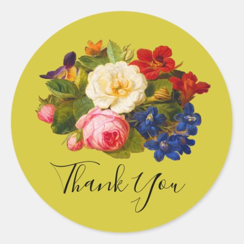 Thank You Boho Pink White Roses Floral Butterfly Classic Round Sticker