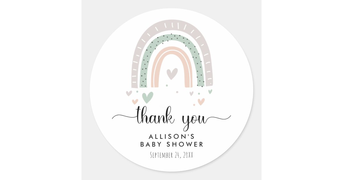 Thank You Boho Rainbow Sage Baby Shower Classic Round Sticker | Zazzle