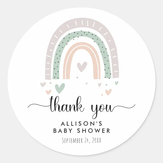 Thank You Boho Rainbow Sage Baby Shower Classic Round Sticker | Zazzle