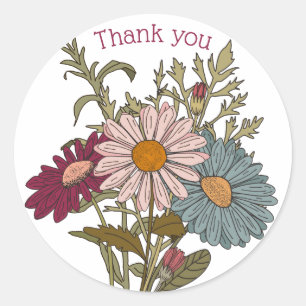 Thank you Boho retro vintage daisies red blue pink Classic Round Sticker
