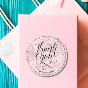 Thank you branding Script blush rose gold glitter Classic Round Sticker
