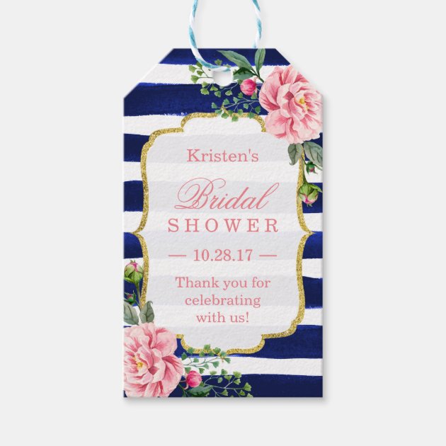 Thank You Bridal Shower Pink Flower Navy Stripes Gift Tags