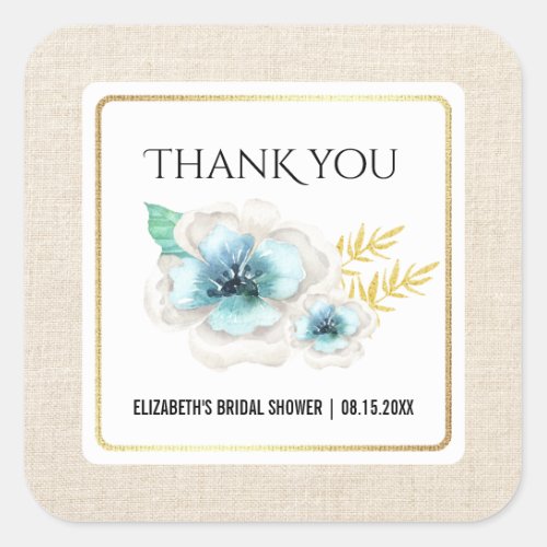 Thank You Bridal Shower Watercolor Floral Burlap  Square Sticker