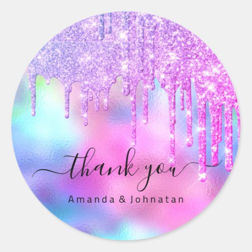 Thank You Bridal Sweet16th Glitter Holograph Drips Classic Round Sticker