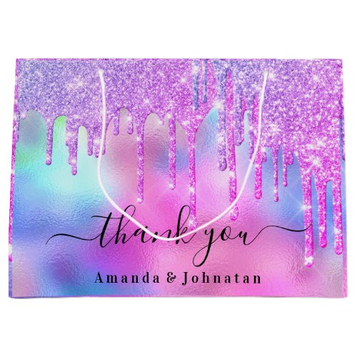 Thank You Bridal Sweet16th Glitter Holograph Drips Large Gift Bag