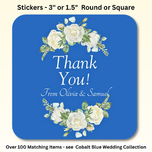 Thank You! Bride, Groom Names Cobalt Blue & White  Square Sticker