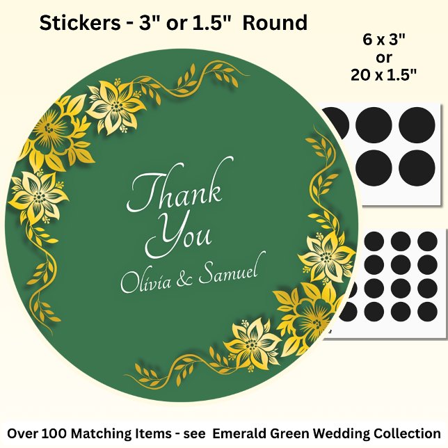 Thank You Bride, Groom Names Emerald Green & Gold Classic Round Sticker (Creator Uploaded)