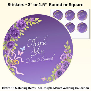 Thank You Bride, Groom Names Purple Mauve Flowers Classic Round Sticker