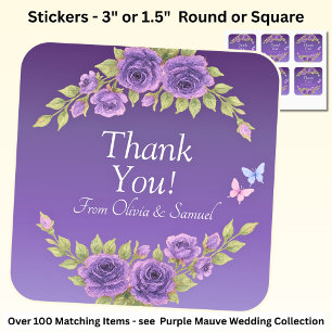 Thank You! Bride, Groom Names Purple Mauve Flowers Square Sticker