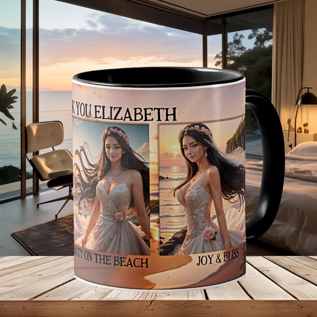 Thank You Bridesmaid Photo Beach Wedding Coffee Mug (Bridesmaid Thank You wedding favor mug featuring custom photos on a painting of the beach)