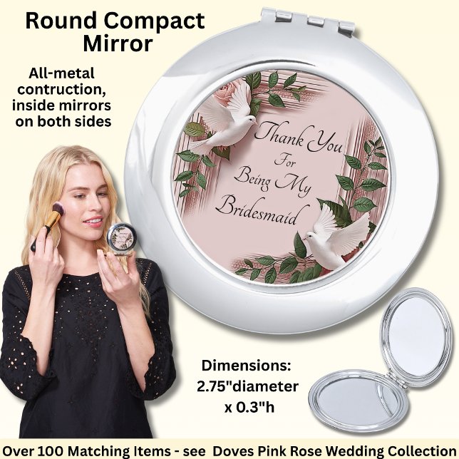 Thank You Bridesmaid,  Pink Roses & Doves Wedding Compact Mirror (Creator Uploaded)