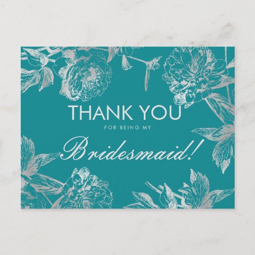 Thank You Bridesmaid Silver Teal Simple Floral Postcard