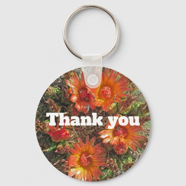 Thank You Bright Orange Cactus Flower Floral Keychain (Front)