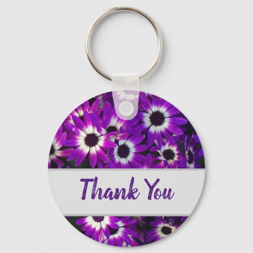 Thank You Bright Purple Flowers Garden Floral Keychain