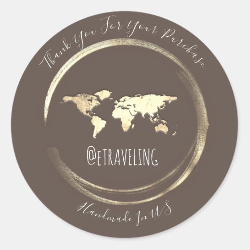 Thank You Brown Gold World Map Traveling Globe   Classic Round Sticker