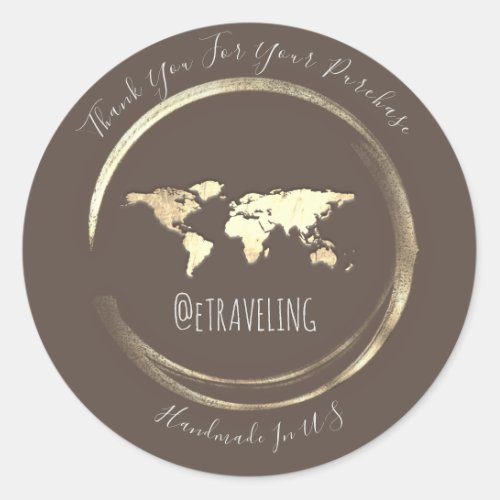 Thank You Brown Gold World Map Traveling Globe Classic Round Sticker