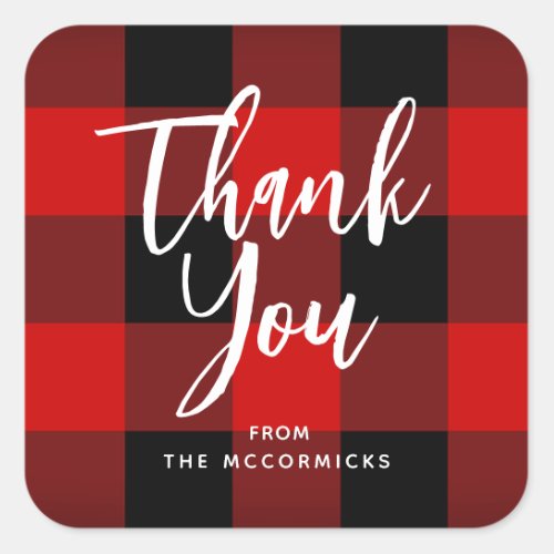 Thank You Buffalo Plaid Red Black Personalized Square Sticker