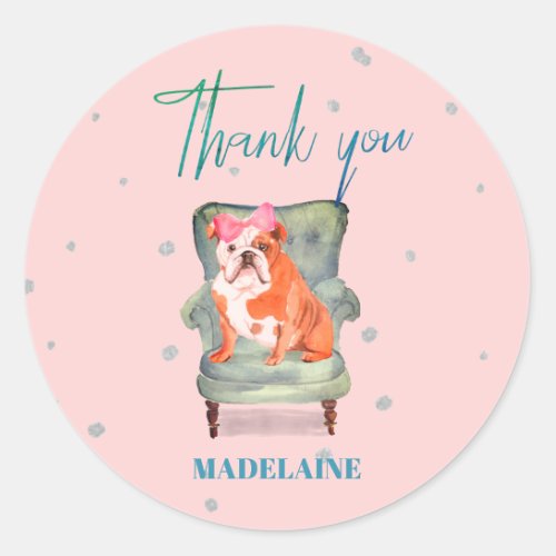 Thank You Bull Dog Pink Silver Classic Round Sticker