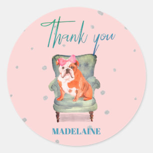 Thank You Bull Dog Pink Silver Classic Round Sticker