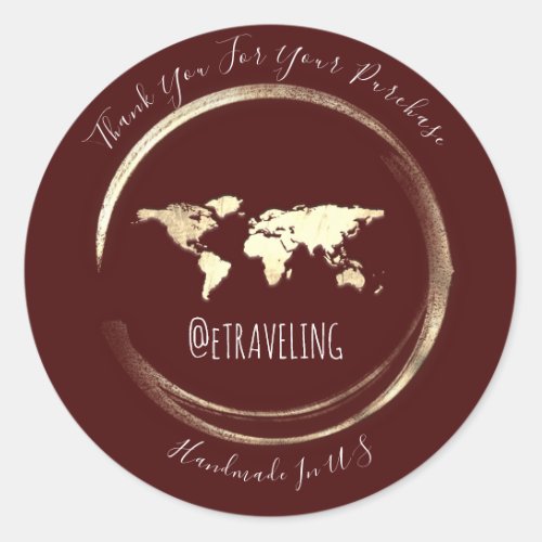 Thank You Burgundy Gold World Map Traveling Globe  Classic Round Sticker