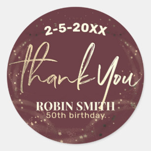 Thank you Burgundy Red Gold Modern Birthday Favor Classic Round Sticker