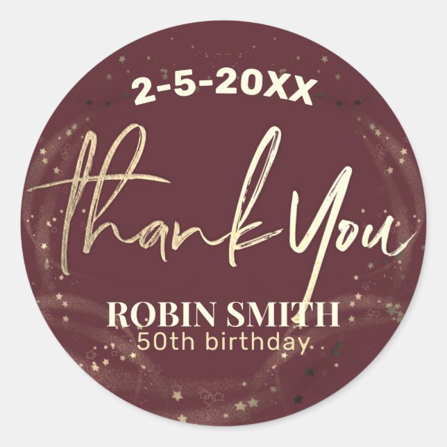 Thank you Burgundy Red Gold Modern Birthday Favor Classic Round Sticker (Front)