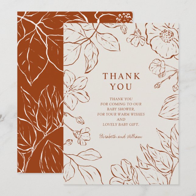 Thank You Burnt Orange Botanical Baby Shower Card (Front/Back)