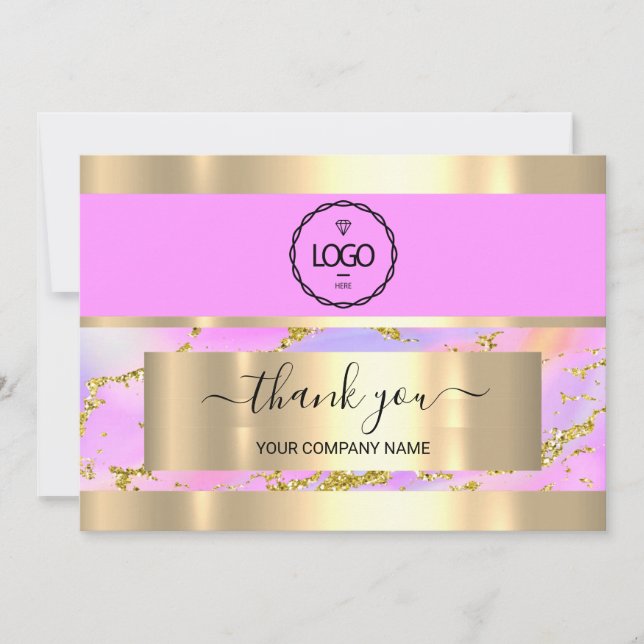 Thank You Business Insert Card Holograph Pink Gold (Front)