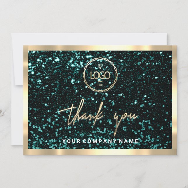 Thank You Business Insert Logo Gold Teal Glitter Invitation (Front)