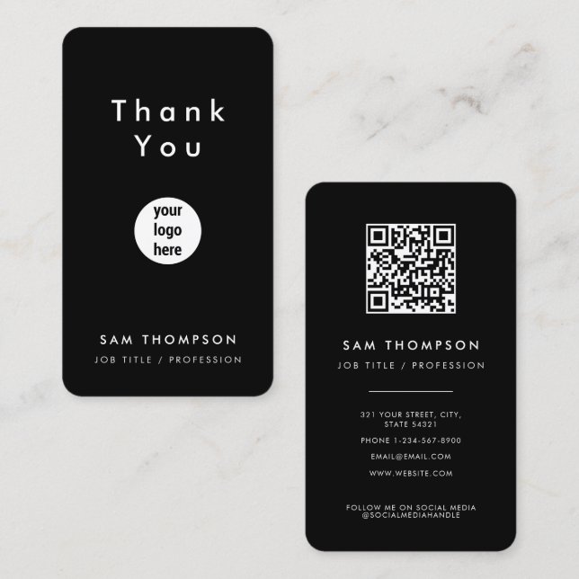 Thank You Business Logo QR Code Social Media Black Business Card (Front/Back)