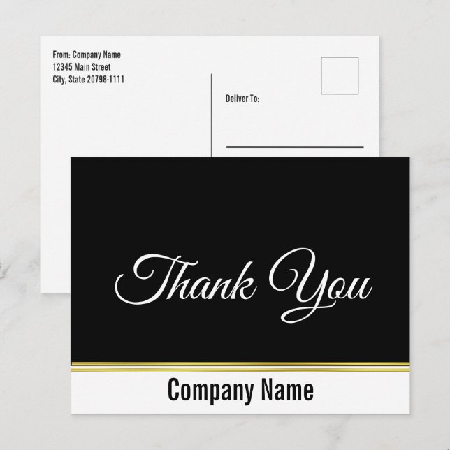 Thank You Business Name Black White Gold 2-sided Postcard (Front/Back)