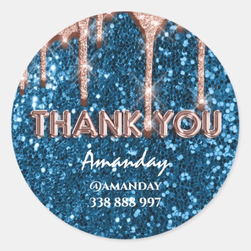 thank you business Name Instagra Blue Rose Glitter Classic Round Sticker