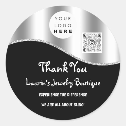 Thank You Business Name Logo Qr Code Black Silver Classic Round Sticker