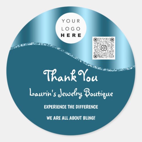 Thank You Business Name Logo Qr Code Blue  Classic Round Sticker