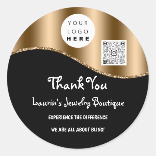 Thank You Business Name Logo Qr Code Brown Black  Classic Round Sticker