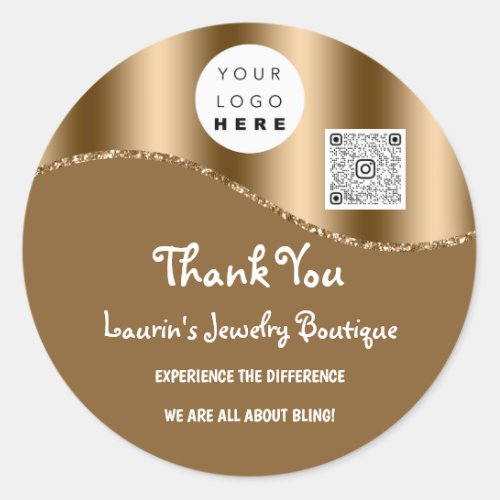 Thank You Business Name Logo Qr Code Brown Glitter Classic Round Sticker