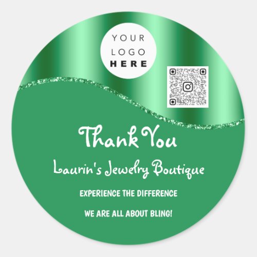 Thank You Business Name Logo Qr Code Emerald Green Classic Round Sticker