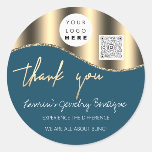 Thank You Business Name Logo Qr Code Gold Blue  Classic Round Sticker