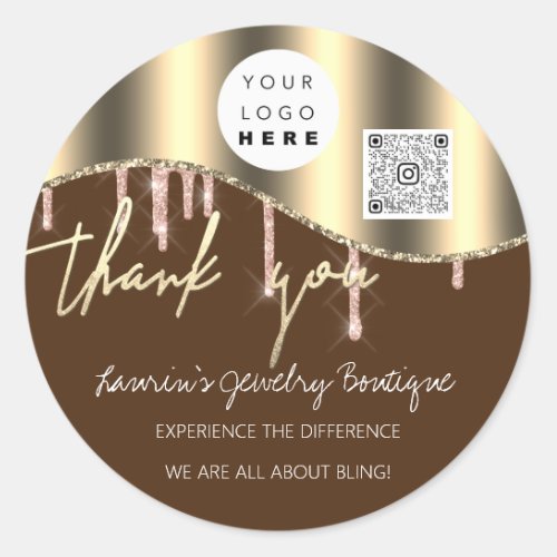 Thank You Business Name Logo Qr Code Gold Brown Classic Round Sticker