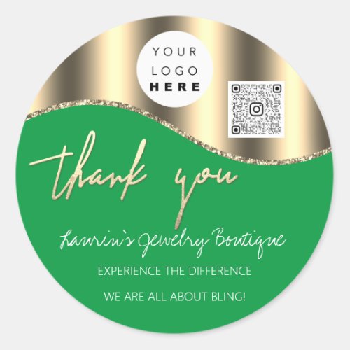 Thank You Business Name Logo Qr Code Gold Green Classic Round Sticker