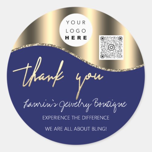 Thank You Business Name Logo Qr Code Gold Navy Classic Round Sticker
