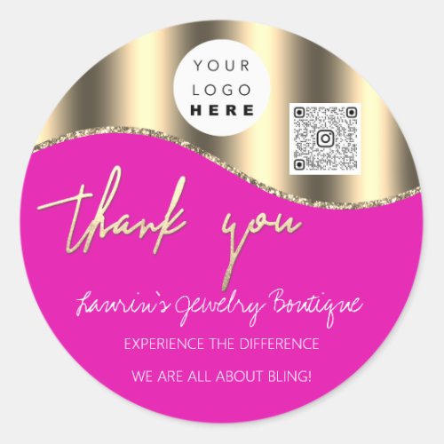 Thank You Business Name Logo Qr Code Gold Pink Classic Round Sticker