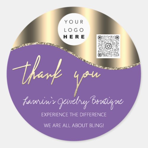 Thank You Business Name Logo Qr Code Gold Purple Classic Round Sticker
