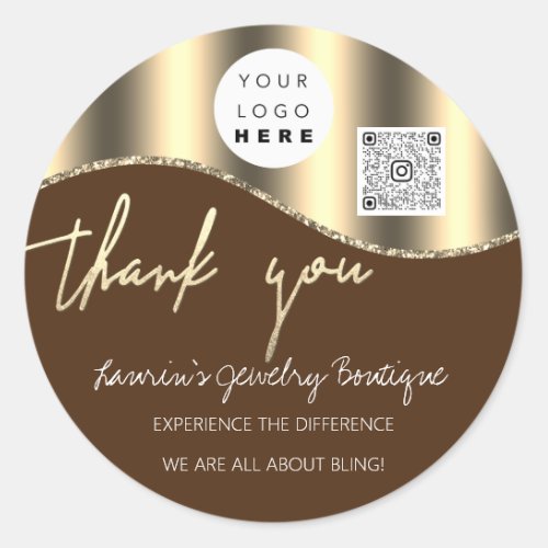 Thank You Business Name Logo Qr Code Golden Brown Classic Round Sticker
