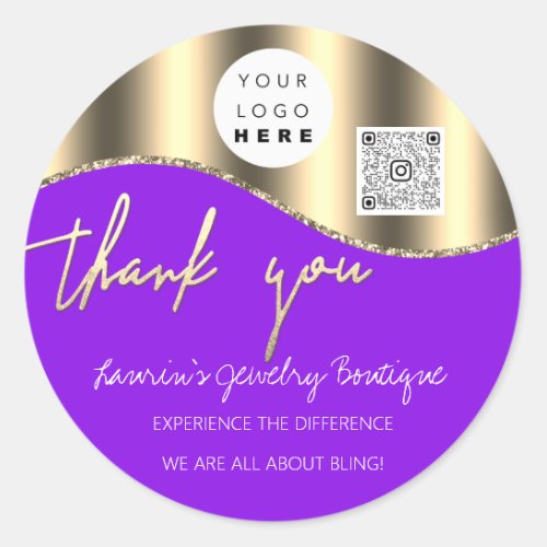 Thank You Business Name Logo Qr Code Golden Purple Classic Round Sticker