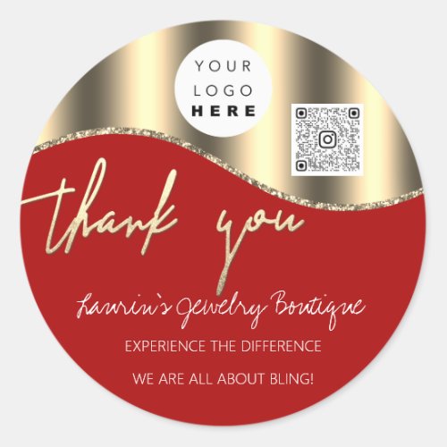Thank You Business Name Logo Qr Code Golden Red Classic Round Sticker