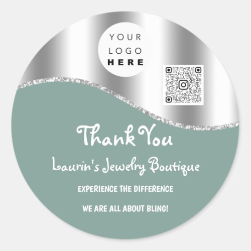 Thank You Business Name Logo Qr Code Gray Silver  Classic Round Sticker