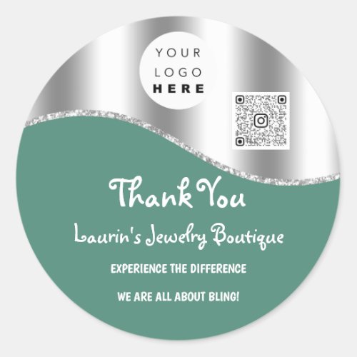Thank You Business Name Logo Qr Code Green Silver  Classic Round Sticker