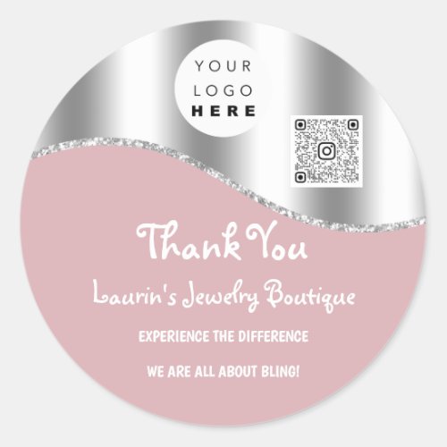 Thank You Business Name Logo Qr Code Pink Silver  Classic Round Sticker